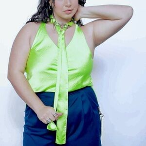 NWT Wildfang Empower Satin Cami Neon Green Neck Tie